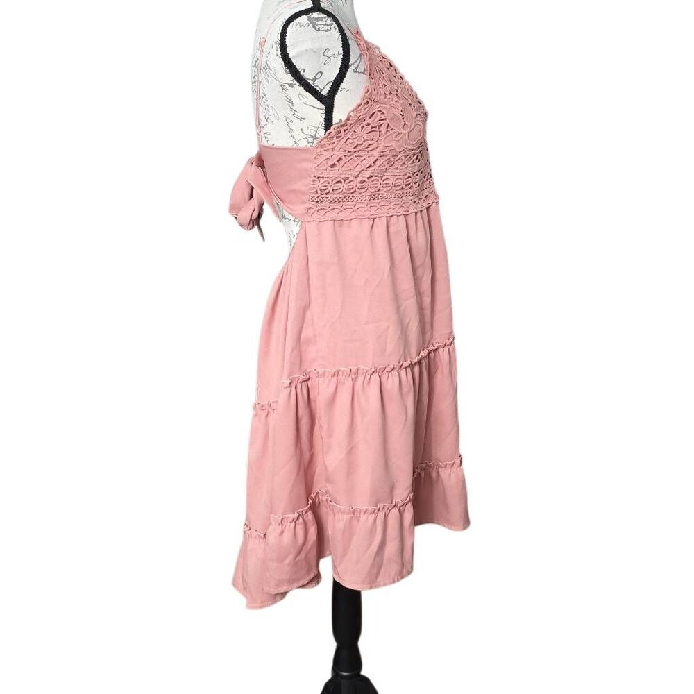 Shein Women's Size XL Dusty Pink Crochet Bodice Ruffled Skirt Tie Back Dress - Picture 2 of 6